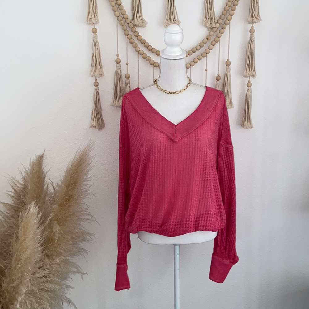 Free People thermal waffle knit top magenta off the shoulder wide v neck medium
